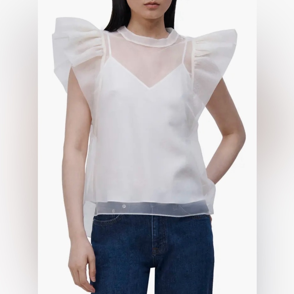 Jonathan Simkhai Sheer Flutter Sleeve Top Size Me… - image 6